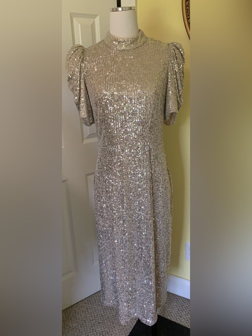 Champagne Sequin High Mock Turtle Neckline Puff Sleeve Cocktail Dress Midi